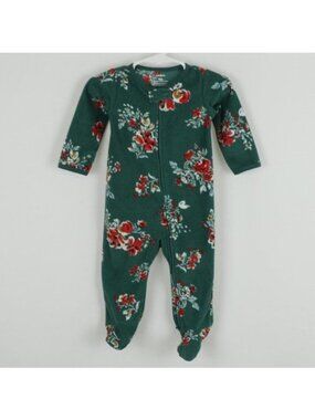 Carter's Infant Size 9 Months Green Red Floral Fleece Full Zip Footie Pajamas